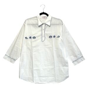 Emily Lacey Lake Forest Embroidered Night Shirt Vintage Women's Sz M White Beach